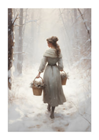 Painted woman with baskets in snow-covered forest, soft colors-1