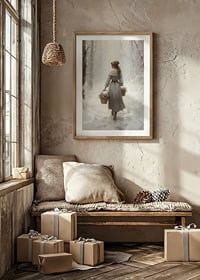 Painted woman with baskets in snow-covered forest, soft colors-8