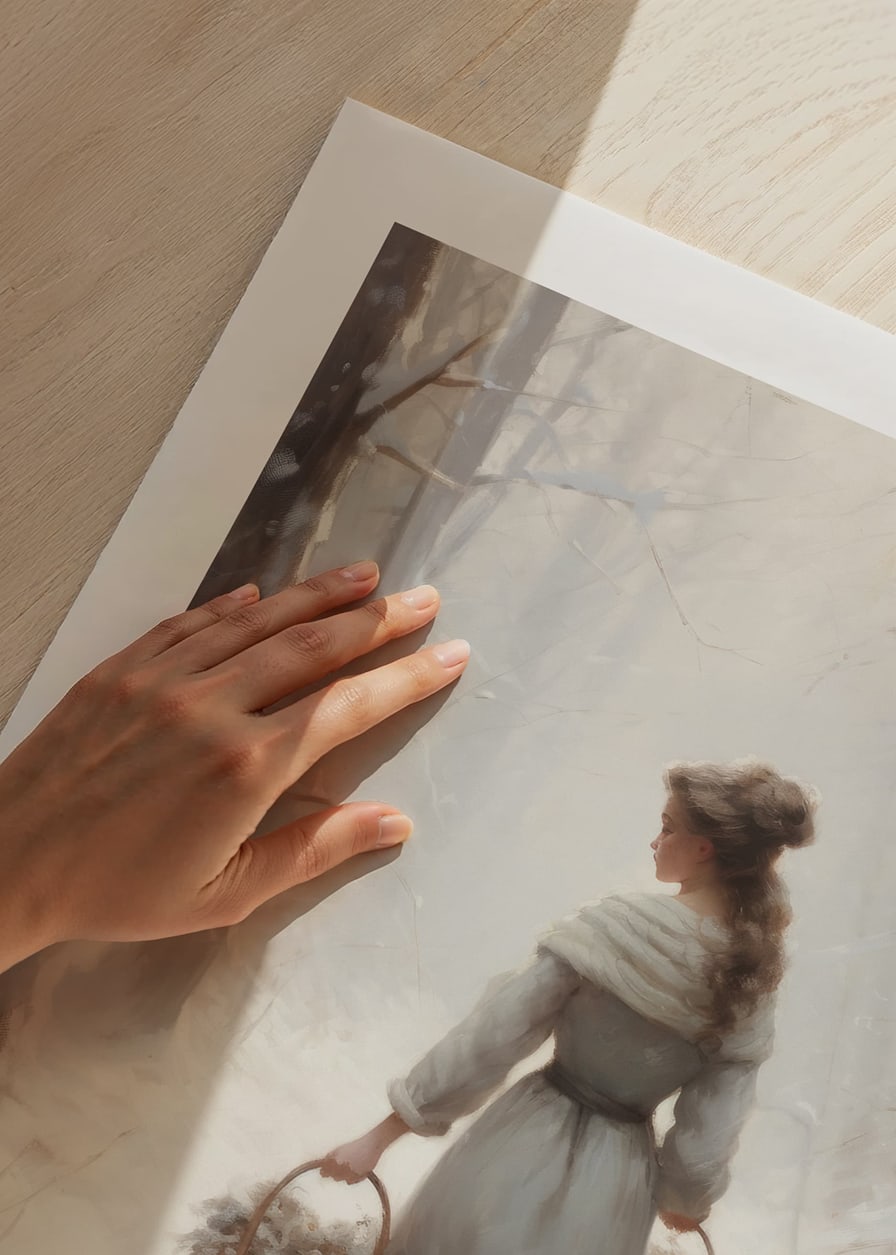 Painted woman with baskets in snow-covered forest, soft colors-12