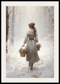 Painted woman with baskets in snow-covered forest, soft colors-2