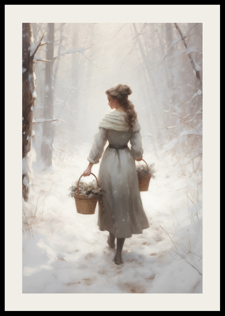 Painted woman with baskets in snow-covered forest, soft colors-12