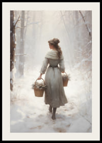 Malet kvinne med kurver i snødekt skog, myke farger-2