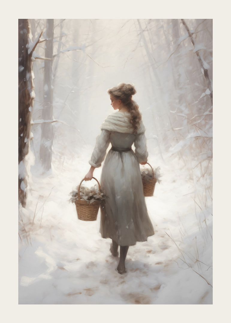 Painted woman with baskets in snow-covered forest, soft colors-12