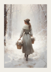 Malet kvinne med kurver i snødekt skog, myke farger-3