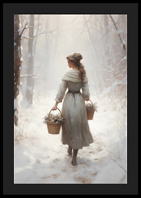 Painted woman with baskets in snow-covered forest, soft colors-4