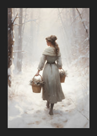Painted woman with baskets in snow-covered forest, soft colors-5