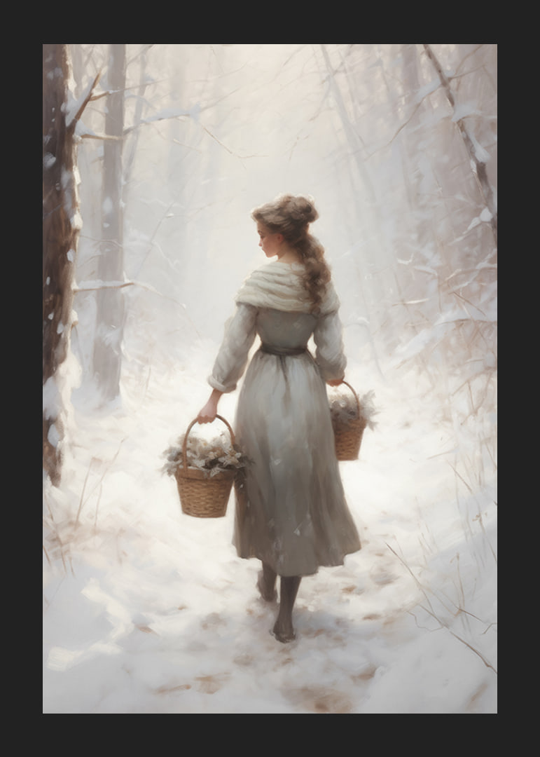 Painted woman with baskets in snow-covered forest, soft colors-12