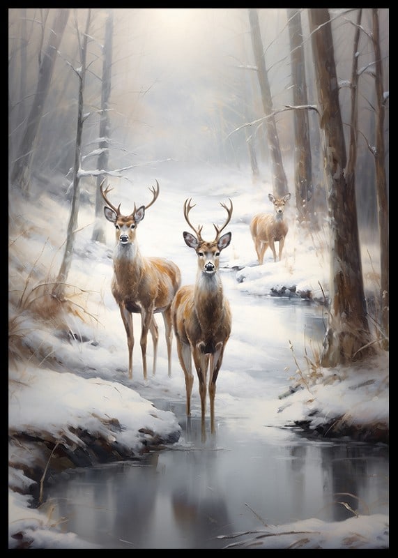 Three deer by frozen stream in snow-covered forest, soft tones-12