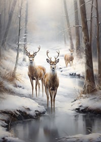 Three deer by frozen stream in snow-covered forest, soft tones-7