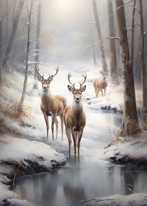 Three deer by frozen stream in snow-covered forest, soft tones-12