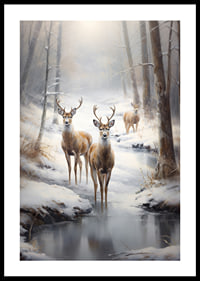 Three deer by frozen stream in snow-covered forest, soft tones-0
