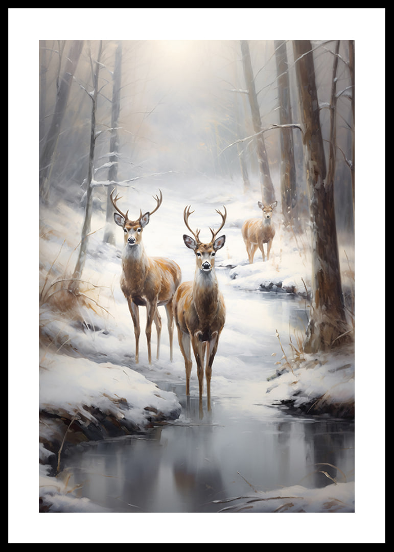 Three deer by frozen stream in snow-covered forest, soft tones-12