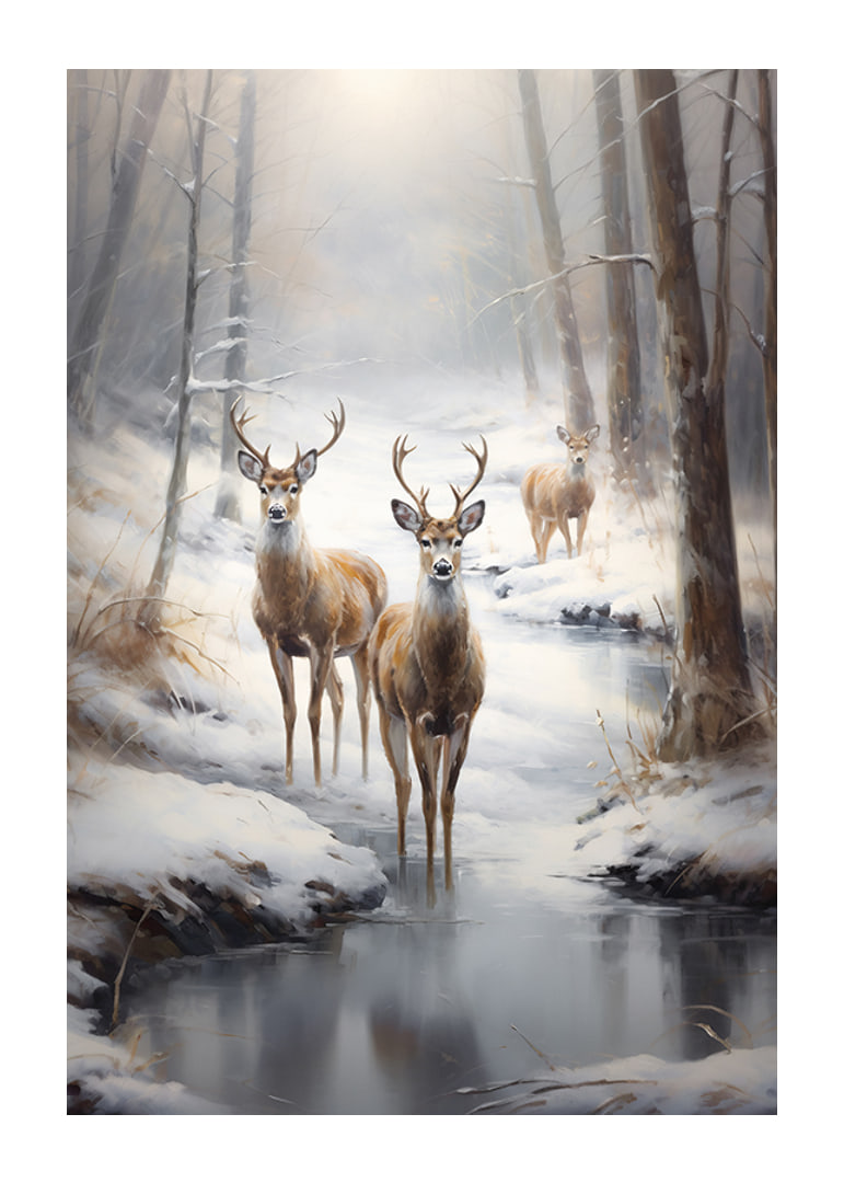 Three deer by frozen stream in snow-covered forest, soft tones-12