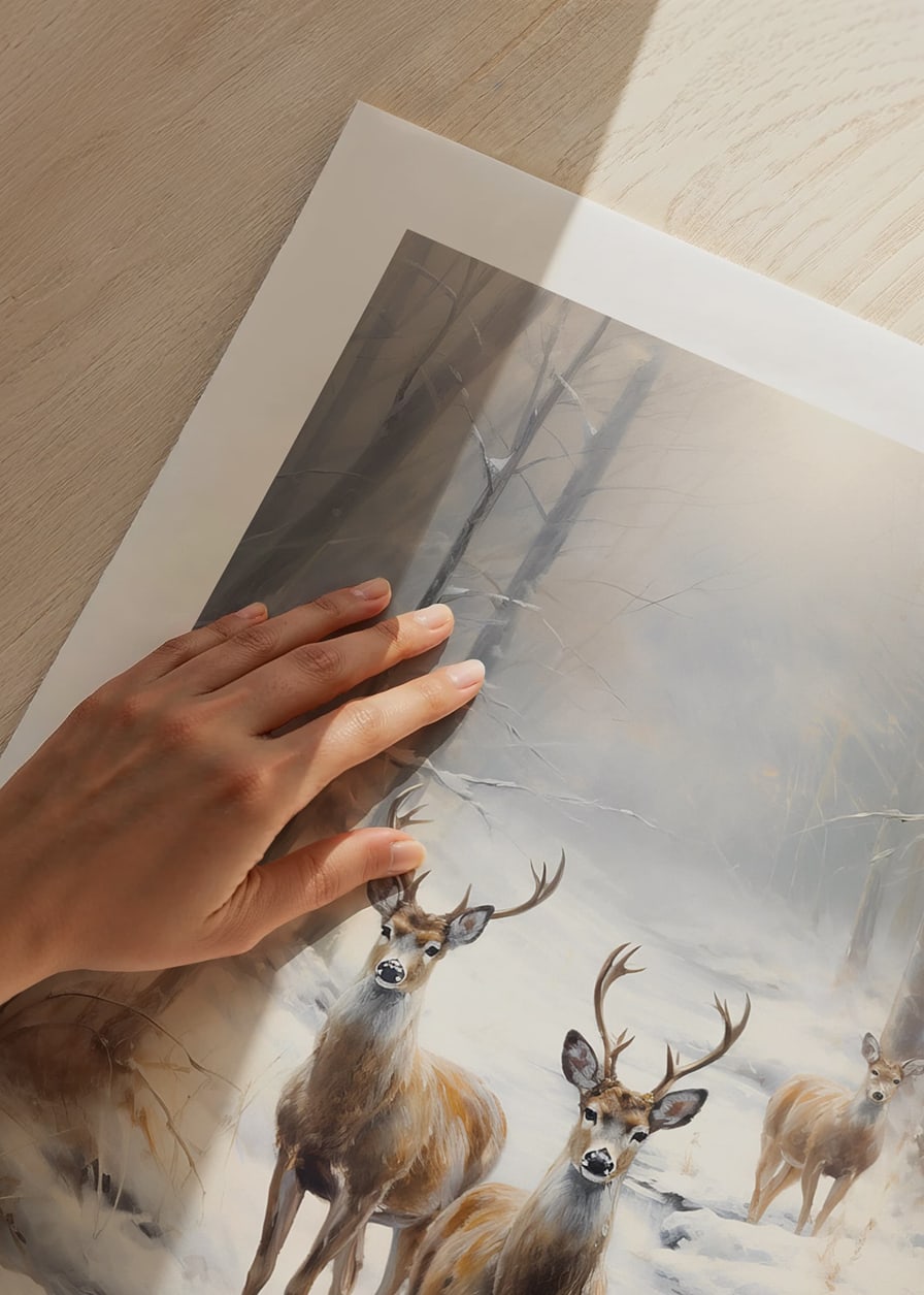 Three deer by frozen stream in snow-covered forest, soft tones-12