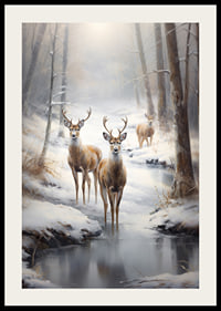 Three deer by frozen stream in snow-covered forest, soft tones-2