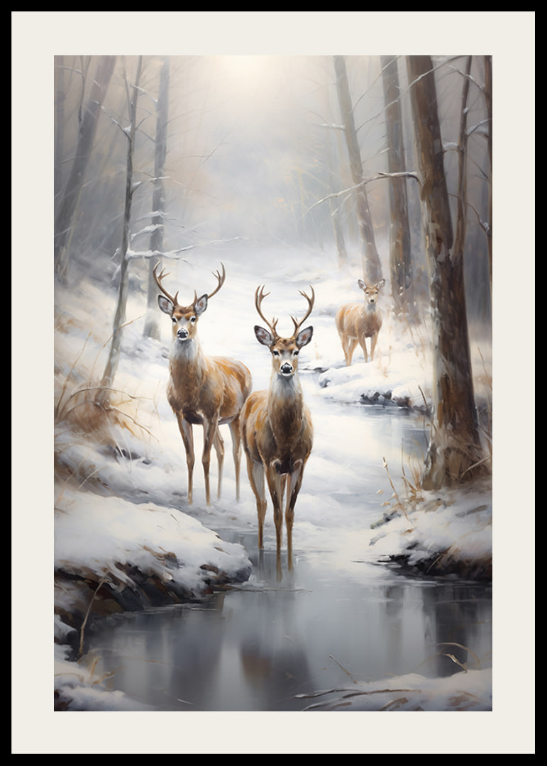 Three deer by frozen stream in snow-covered forest, soft tones-12