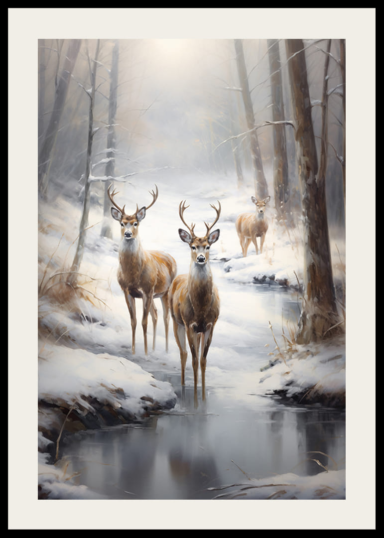 Trzy jelenie nad zamarzniętym strumieniem w ośnieżonym lesie, delikatne tony-12