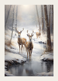 Three deer by frozen stream in snow-covered forest, soft tones-3