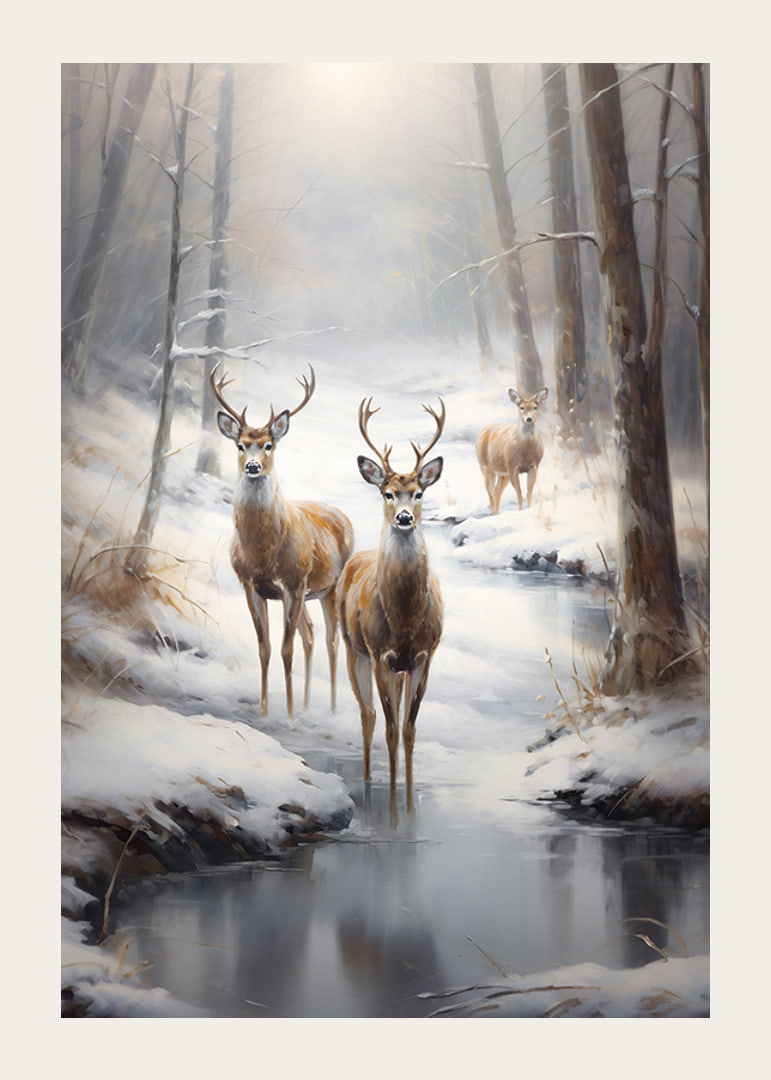 Three deer by frozen stream in snow-covered forest, soft tones-12