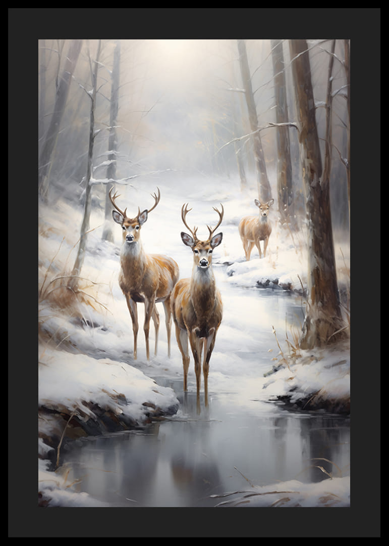 Trzy jelenie nad zamarzniętym strumieniem w ośnieżonym lesie, delikatne tony-12