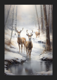 Trzy jelenie nad zamarzniętym strumieniem w ośnieżonym lesie, delikatne tony-5