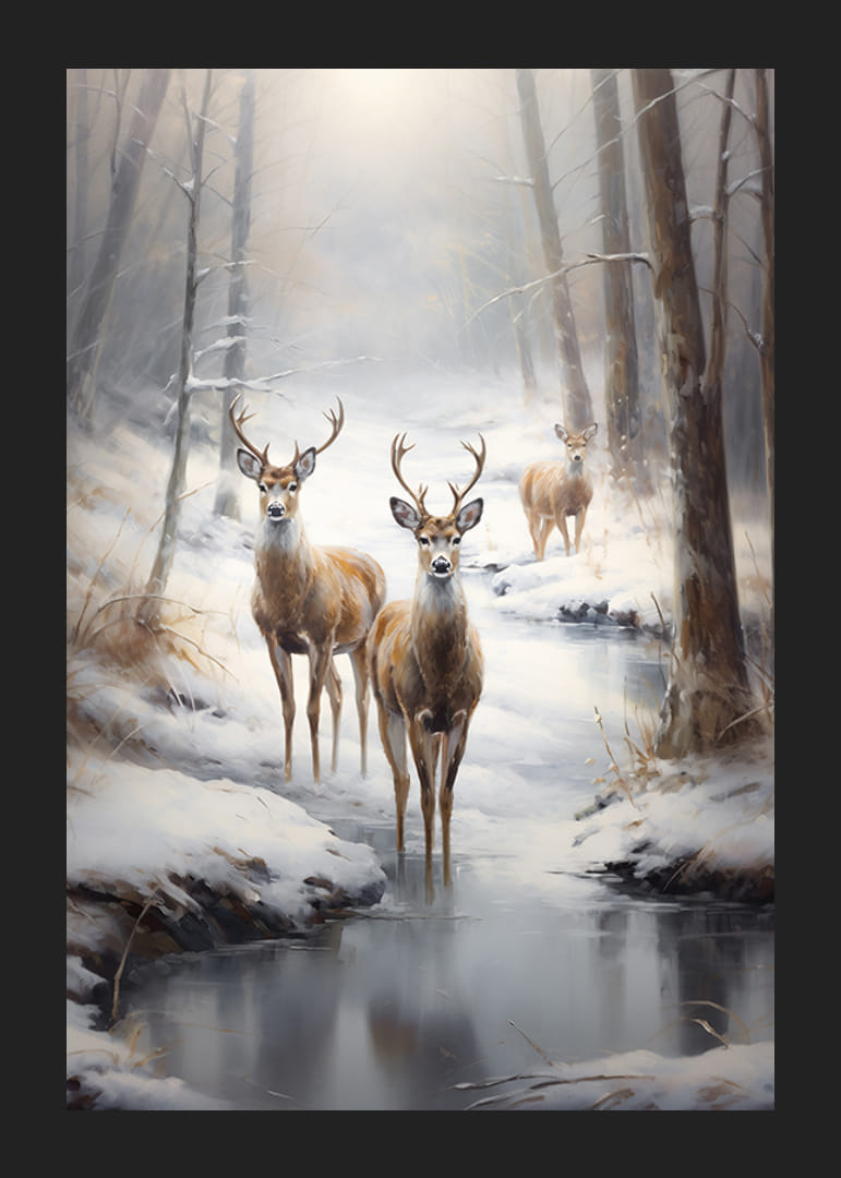 Trzy jelenie nad zamarzniętym strumieniem w ośnieżonym lesie, delikatne tony-12
