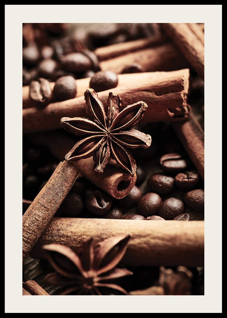 Close-up of cinnamon sticks, star anise and coffee beans-12