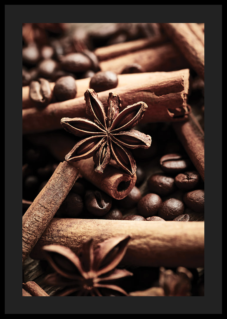 Close-up of cinnamon sticks, star anise and coffee beans-12