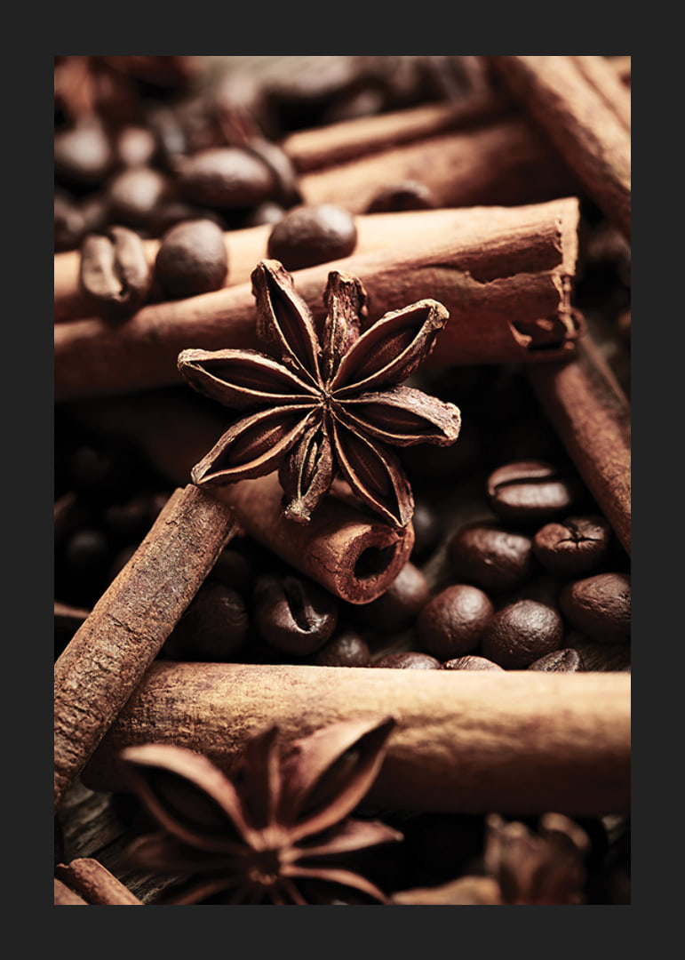 Close-up of cinnamon sticks, star anise and coffee beans-12