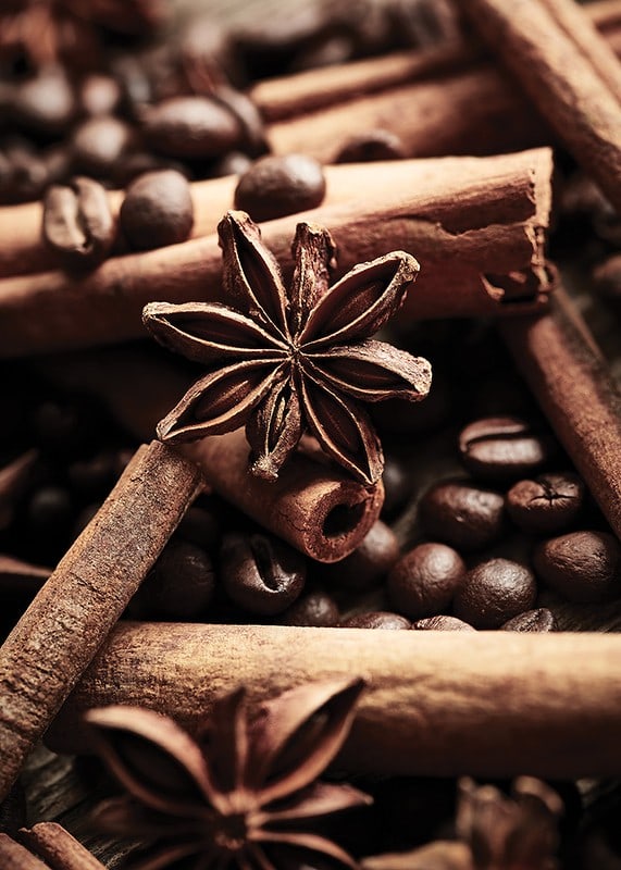 Close-up of cinnamon sticks, star anise and coffee beans-12