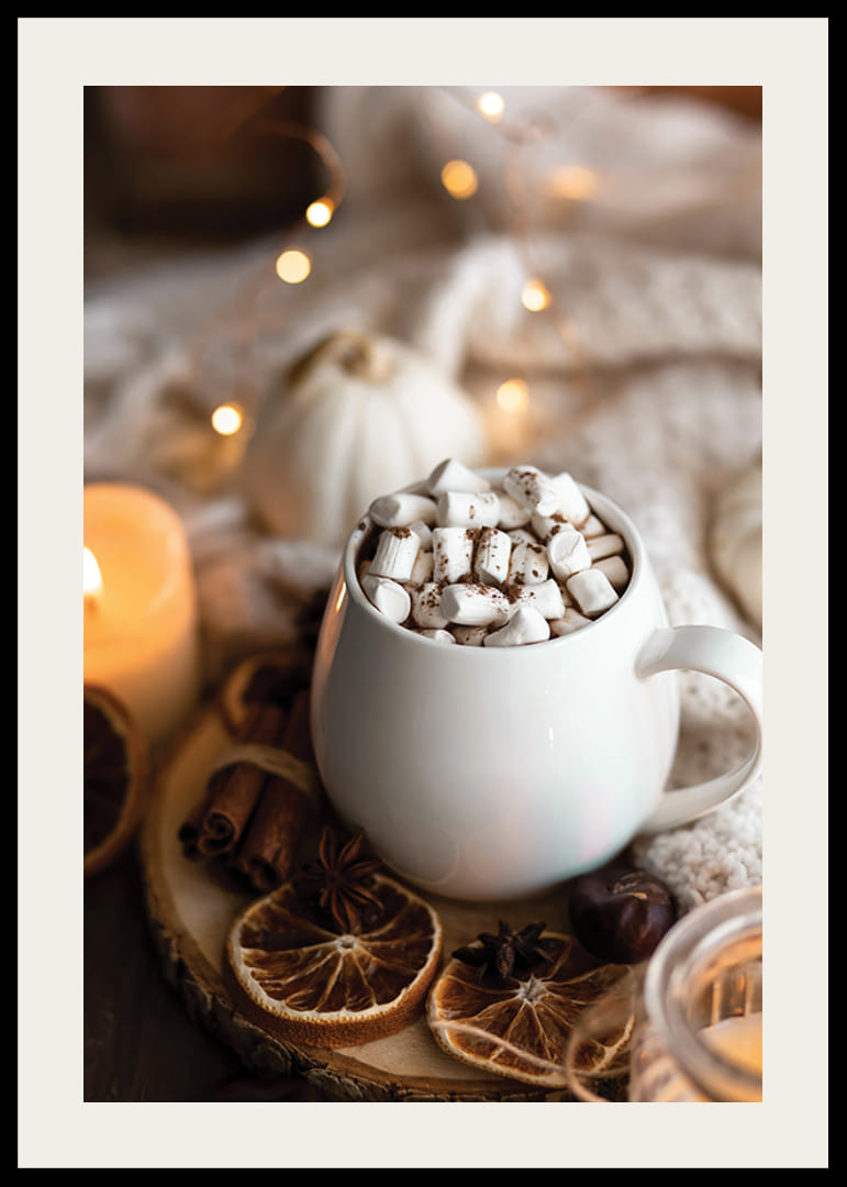 Photograph of white cup of hot chocolate with marshmallows and Christmas spices-12