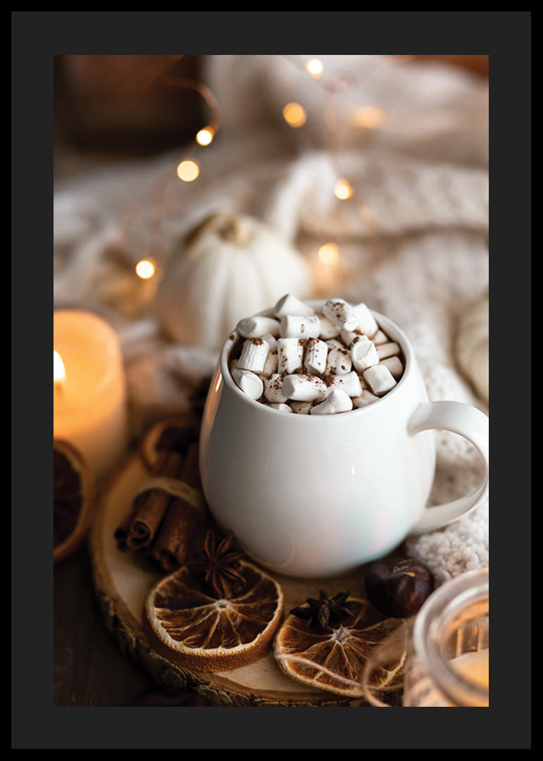 Photograph of white cup of hot chocolate with marshmallows and Christmas spices-12