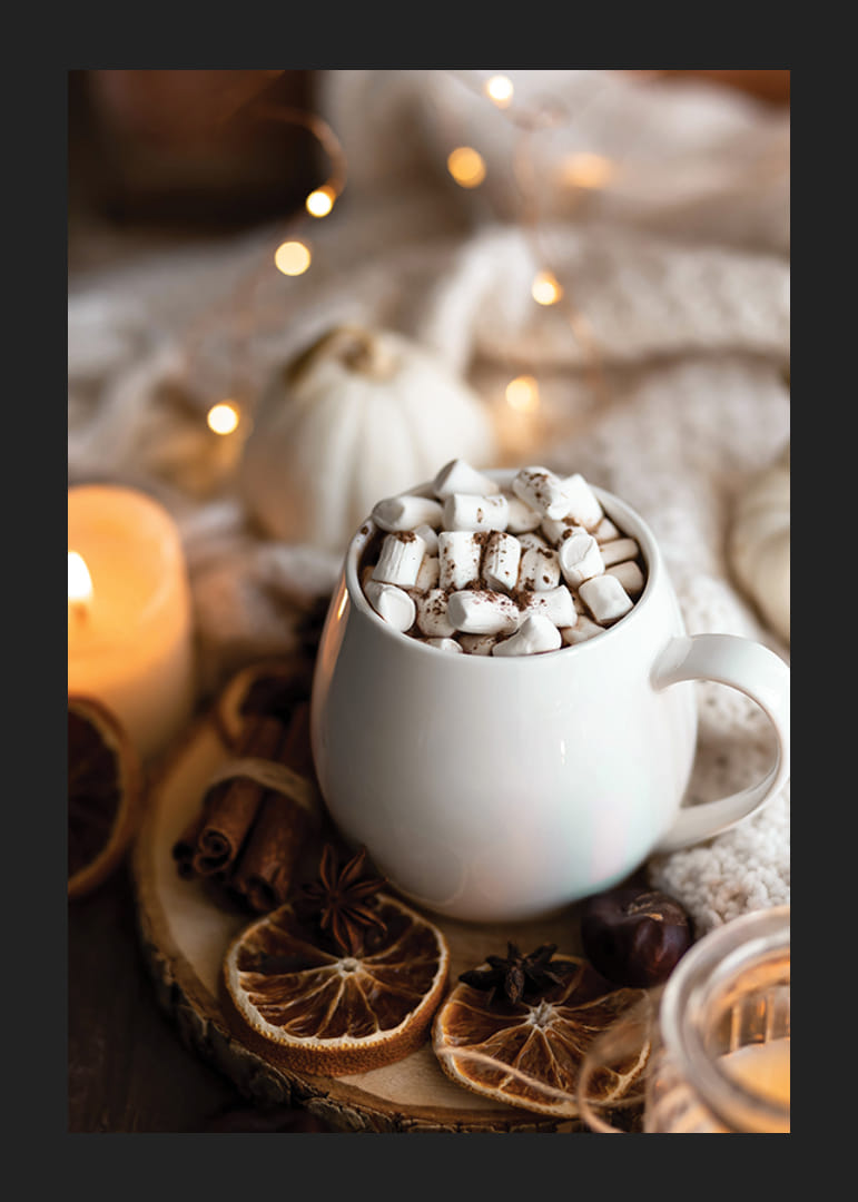 Photograph of white cup of hot chocolate with marshmallows and Christmas spices-12