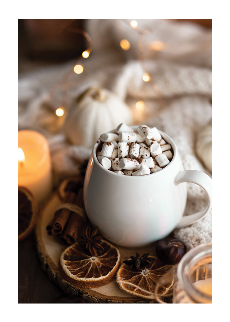 Foto einer weißen Tasse heißer Schokolade mit Marshmallows und weihnachtlichen Gewürzen-12