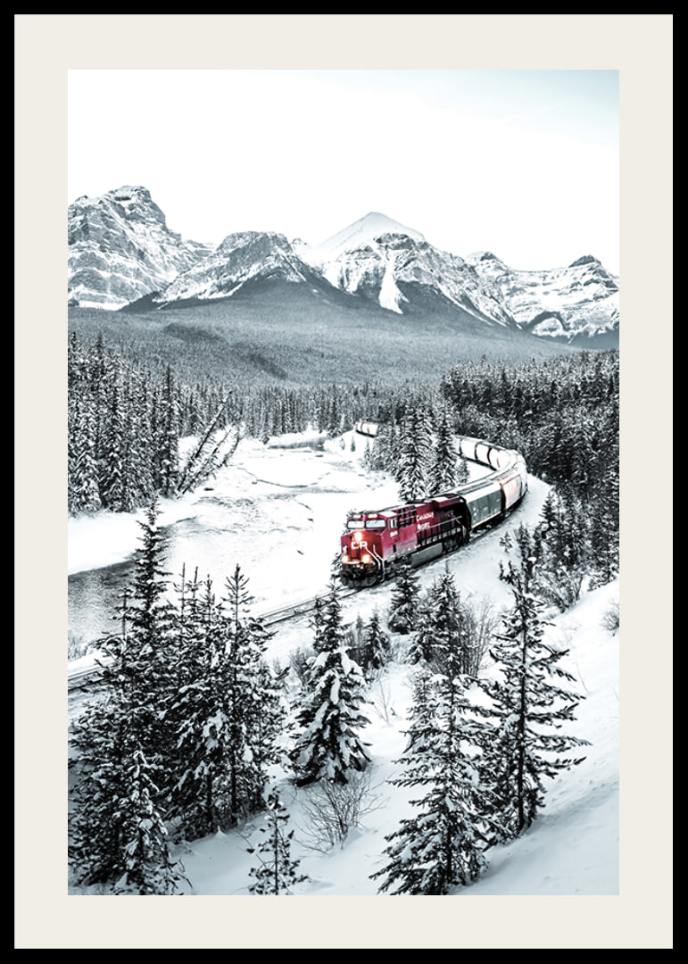 Photographic winter landscape with red train among snow-covered fir trees-12
