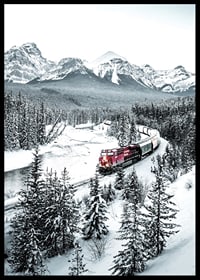 Photographic winter landscape with red train among snow-covered fir trees-6