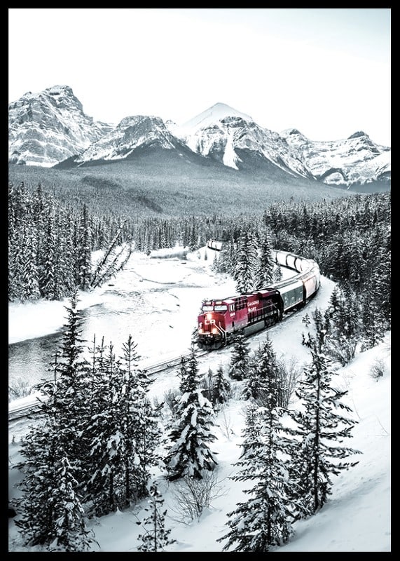 Photographic winter landscape with red train among snow-covered fir trees-12