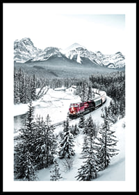 Photographic winter landscape with red train among snow-covered fir trees-0