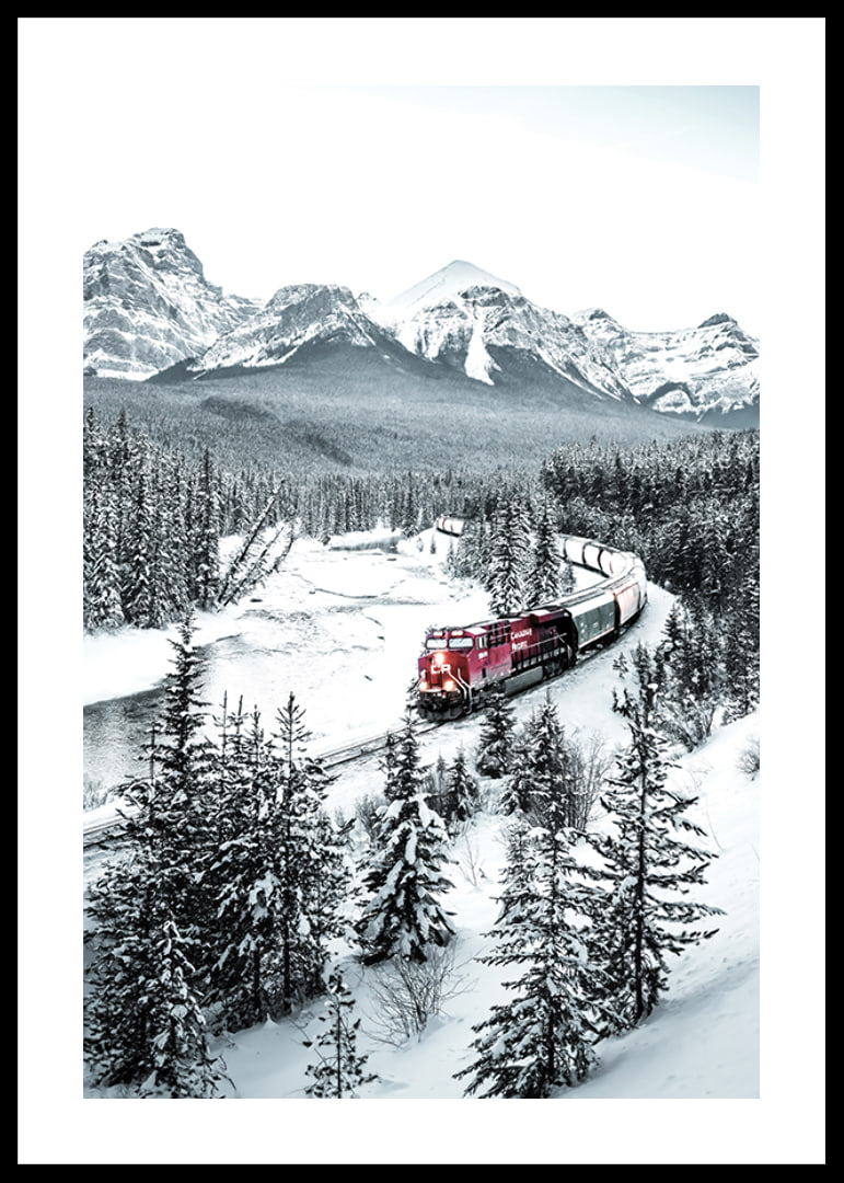 Photographic winter landscape with red train among snow-covered fir trees-12