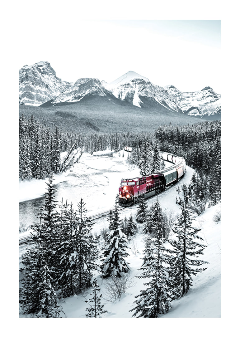 Photographic winter landscape with red train among snow-covered fir trees-12