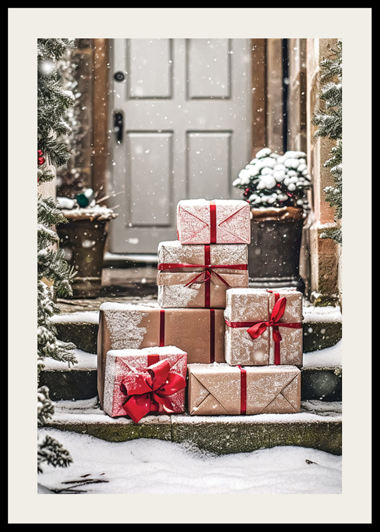 Foto von Weihnachtsgeschenken mit roten Bändern auf verschneiten Treppen-12