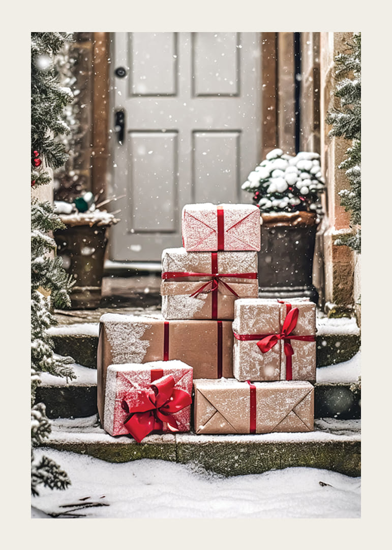 Foto von Weihnachtsgeschenken mit roten Bändern auf verschneiten Treppen-12
