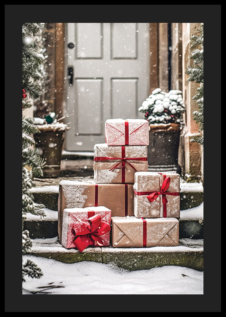 Foto von Weihnachtsgeschenken mit roten Bändern auf verschneiten Treppen-12