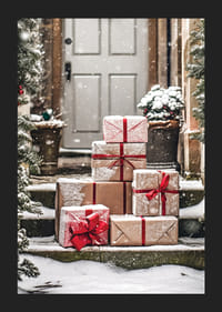 Foto von Weihnachtsgeschenken mit roten Bändern auf verschneiten Treppen-5