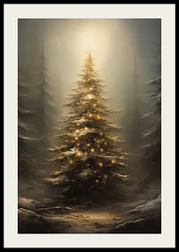 Jedľa s teplými svetelnými reťazcami v zasneženom lese, jemné osvetlenie-2