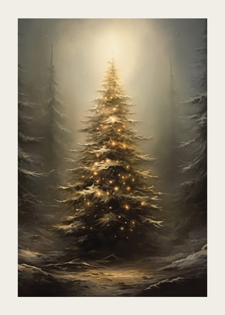 Jedľa s teplými svetelnými reťazcami v zasneženom lese, jemné osvetlenie-12