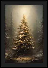 Jedľa s teplými svetelnými reťazcami v zasneženom lese, jemné osvetlenie-4