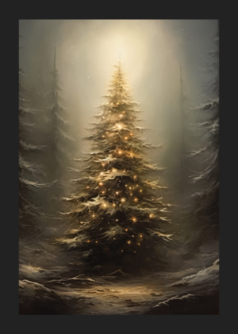 Jedľa s teplými svetelnými reťazcami v zasneženom lese, jemné osvetlenie-12