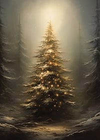 Abeto con luces cálidas en un bosque nevado, iluminación suave.-7