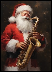 Akvarell av jultomte som spelar saxofon i röd dräkt-6